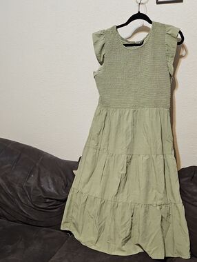 Smocked Olive Green Maxi Dress with Flutter Sleeves